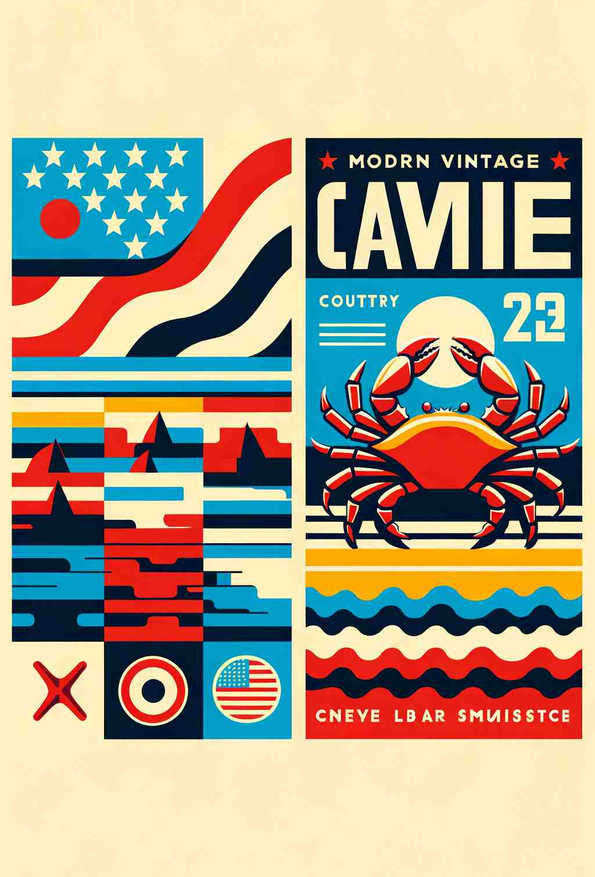 Retro Coastal Maritime Poster: Modern Vintage Design with Iconic Crab and Checkerboard Background - Wall Art Print