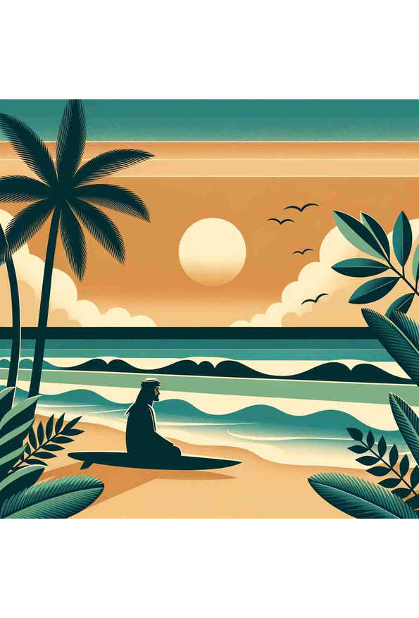 Minimalist Tropical Sunset with Surfer - Wall Art Print
