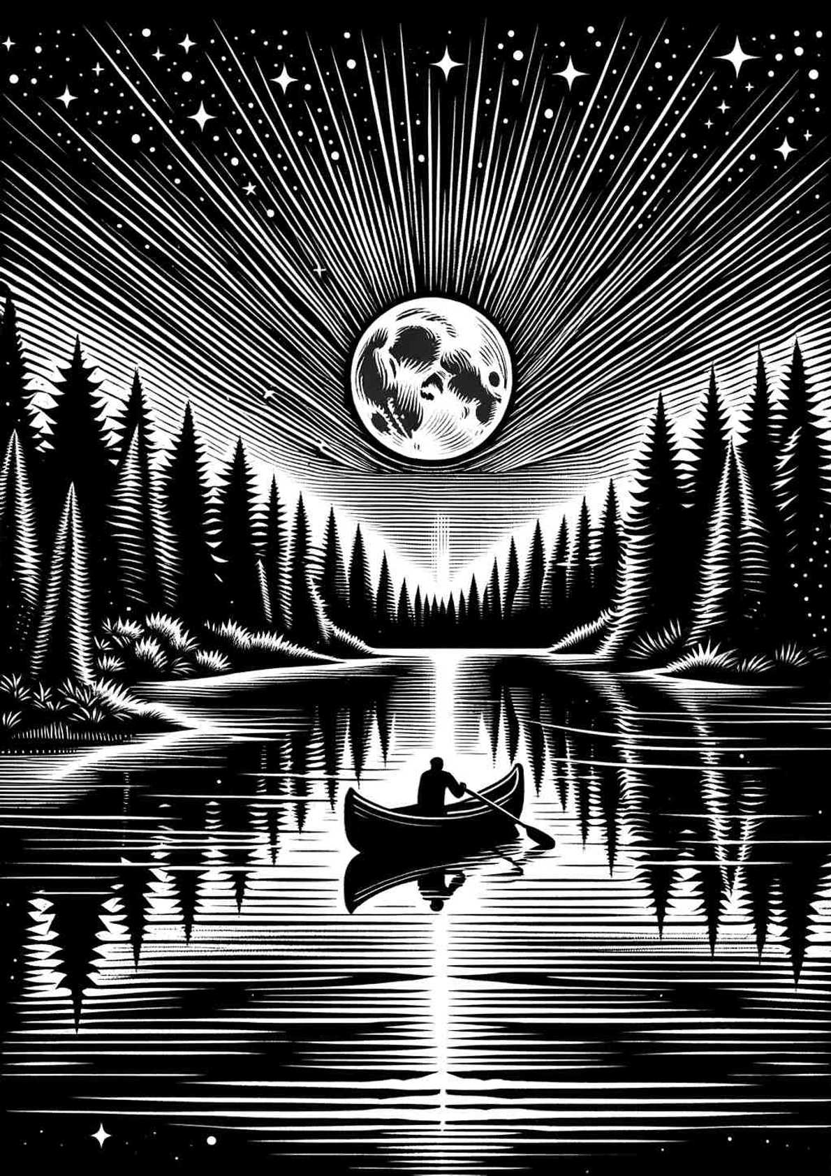 Moonlit Solitude: A Linocut Canoe Journey - Wall Art Print