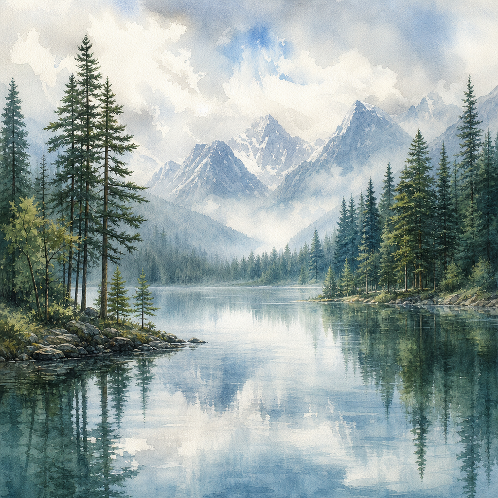 Serene Forest Lake Watercolor - Wall Art Print